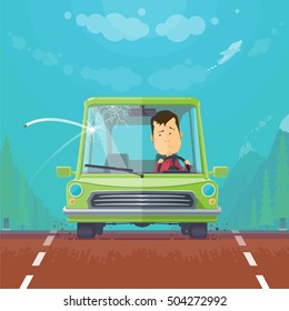 Trendy flat design vehicle sedan car accident after a car accident, a broken traffic and surly driver,aircraft in the sky, crack on the windshield, vector illustrations