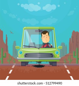 Trendy flat design of a vehicle sedan, car accident, a broken traffic and surly driver, engine motor oil leak, desert, cactus, vector illustrations EPS 10