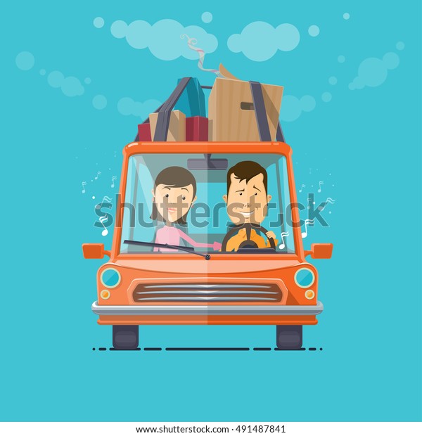 Trendy flat design vehicle sedan car traveling by car\
travel, music plays a girl and cheerful driver, vector\
illustrations EPS 10