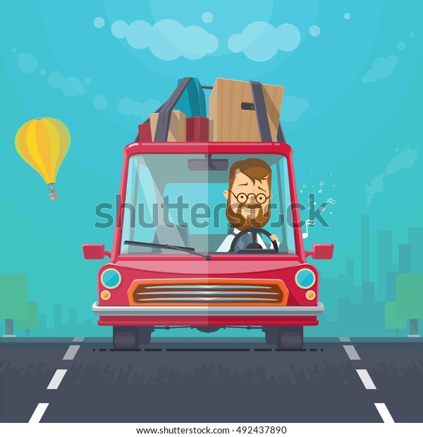 Trendy flat design\
vehicle sedan car rides on a car journey, sing cheerful driver,\
vector illustrations EPS\
10