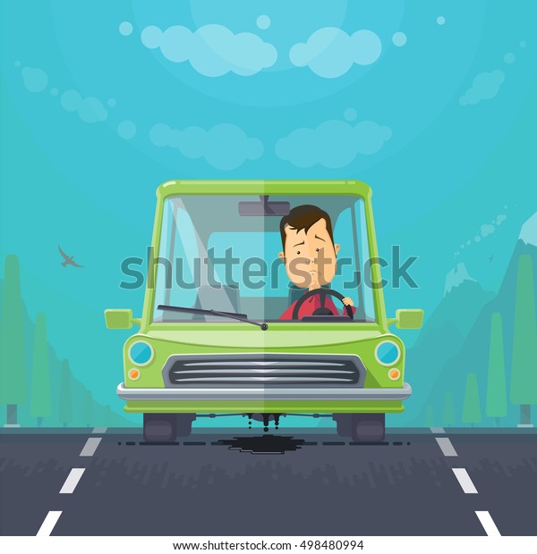 Trendy flat design vehicle\
sedan car accident after a car accident, a broken traffic and surly\
driver, engine motor oil leak, forest, vector illustrations EPS\
10
