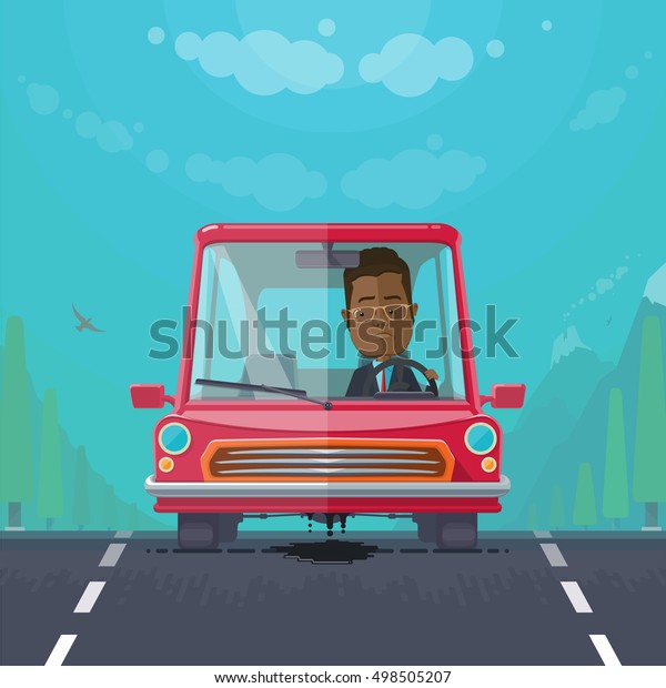 Trendy flat design vehicle\
sedan car accident after a car accident, a broken traffic and surly\
driver, engine motor oil leak, forest, vector illustrations EPS\
10