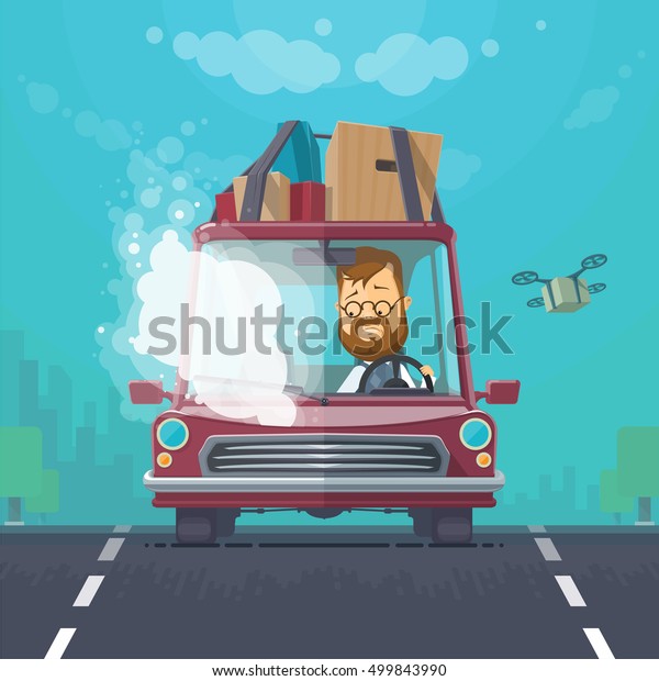 Trendy flat design vehicle sedan car accident after a\
car accident, a broken traffic and surly driver, background town,\
trees, the sky with cargo quadrocopter, vector illustrations EPS\
10