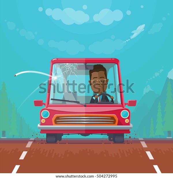 Trendy flat design\
vehicle sedan car accident after a car accident, a broken traffic\
and surly driver,aircraft in the sky, crack on the windshield,\
vector illustrations