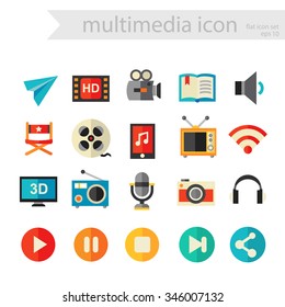 Trendy flat detailed multimedia colored icons, isolated on white background, 10 eps