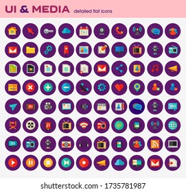 Trendflache detaillierte Multimedia-, Informations-, Web- und sozialfarbene Flachicons