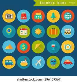 Trendy flat detailed tourism colored icons on colored circles