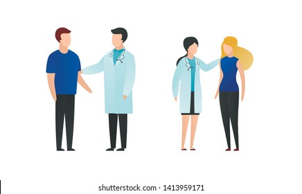 Trendy flat doctor and patient character vector cartoon illustration. Male and female medic saying news, comforts people isolated on white background. Coat uniform, blue cloth, stethoscope.