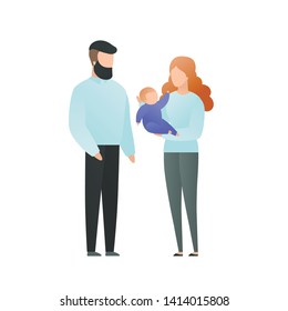 Trendy flat family character vector cartoon illustration. Set of mother and father carring a baby isolated on white background. Concept of love, relationship and guardianship. Design elements.