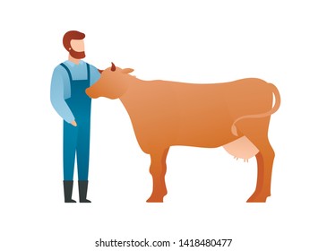 Trendy flat farmring character vector cartoon illustration. Male farmer care of a cow standing isolated on white background. Working cloth, animal. Organic farm concept.