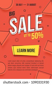 Trendy flat geometric vector banner. Vivid colorful banner in retro poster design style. Vintage colors and shapes. Yellow and red colors. Big Sale label.