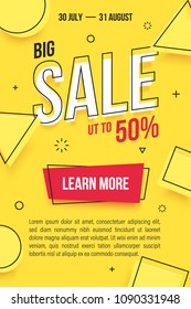 Trendy flat geometric vector banner. Vivid colorful banner in retro poster design style. Vintage colors and shapes. Yellow and red colors. Big Sale label.