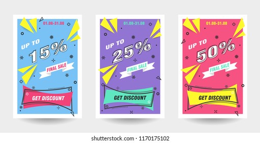 Trendy flat geometric vector banner set. Vivid banners in retro poster design style. 