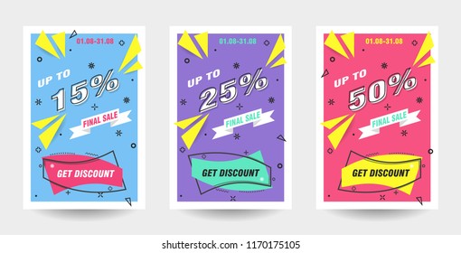Trendy flat geometric vector banner set. Vivid banners in retro poster design style. 