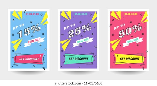 Trendy flat geometric vector banner set. Vivid banners in retro poster design style. 