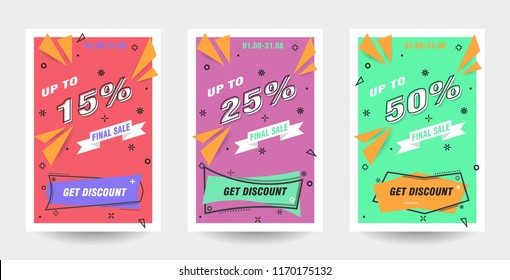 Trendy flat geometric vector banner set. Vivid banners in retro poster design style. 