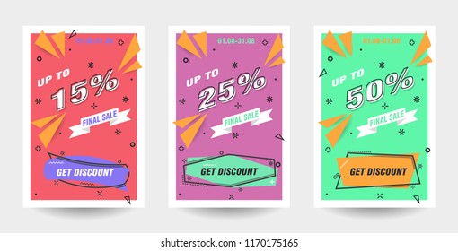 Trendy flat geometric vector banner set. Vivid banners in retro poster design style. 