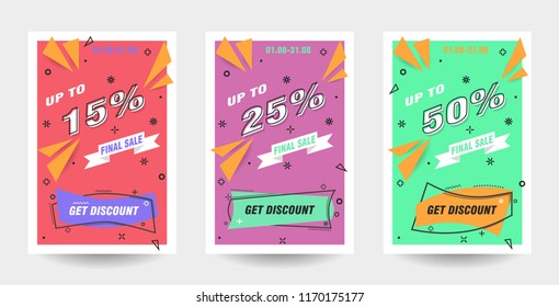Trendy flat geometric vector banner set. Vivid banners in retro poster design style. 