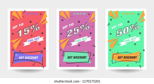 Trendy flat geometric vector banner set. Vivid banners in retro poster design style. 