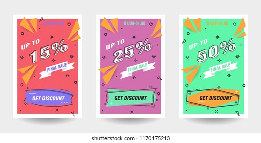 Trendy flat geometric vector banner set. Vivid banners in retro poster design style. 
