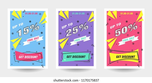 Trendy flat geometric vector banner set. Vivid banners in retro poster design style. 