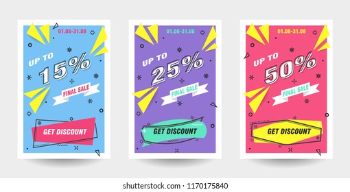 Trendy flat geometric vector banner set. Vivid banners in retro poster design style. 