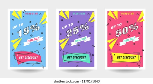 Trendy flat geometric vector banner set. Vivid banners in retro poster design style. 