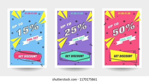 Trendy flat geometric vector banner set. Vivid banners in retro poster design style. 