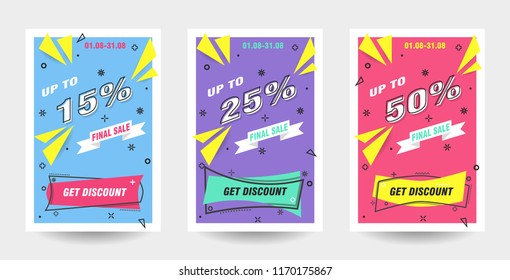 Trendy flat geometric vector banner set. Vivid banners in retro poster design style. 