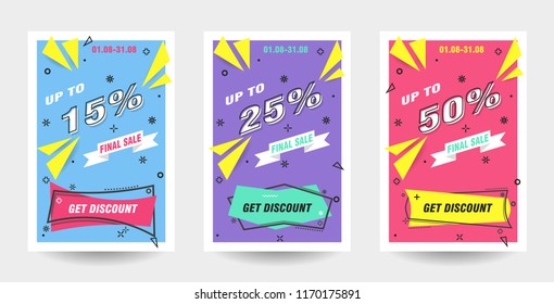 Trendy flat geometric vector banner set. Vivid banners in retro poster design style. 