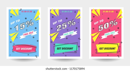 Trendy flat geometric vector banner set. Vivid banners in retro poster design style. 