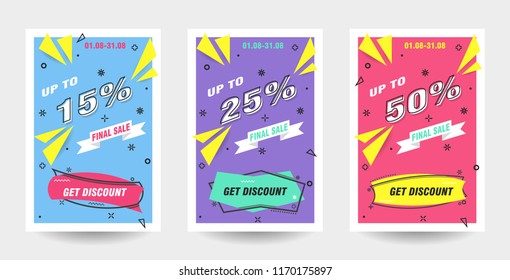 Trendy flat geometric vector banner set. Vivid banners in retro poster design style. 