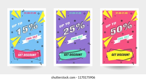 Trendy flat geometric vector banner set. Vivid banners in retro poster design style. 