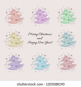 Trendy flat geometric vector banner. Card in retro poster design style. Vintage colors and shapes. Happy New Year and Merry Christmas phrase.Vector Eps10.