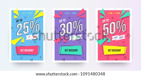 Trendy flat geometric vector banner set. Vivid banners in retro poster design style. Vintage shapes. Modern neon colors: magenta, cyan and purple. Sale labels with discount numbers.