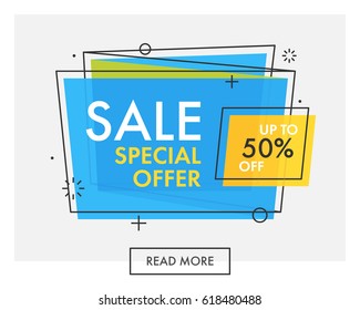 Trendy flat geometric vector banners. Vivid transparent banners in retro poster design style. Vintage colors and shapes. Blue, green and yellow colors. Sale, Special offer label.