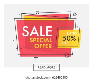 Trendy flat geometric vector banners. Vivid transparent banners in retro poster design style. Vintage colors and shapes. Red and yellow colors. Sale, Special offer label.