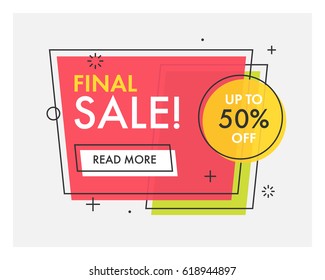 Trendy flat geometric vector banners. Vivid transparent banners in retro poster design style. Vintage colors and shapes. Green, red and yellow colors. Final Sale label.