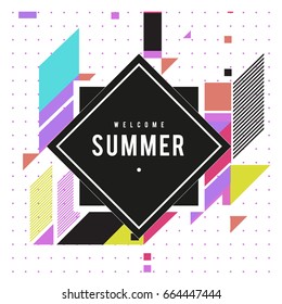 Trendy flat geometric vector banners. Vivid colorful banners in retro poster design style. Vintage colors and shapes Summer holiday theme.