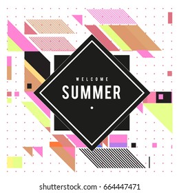 Trendy flat geometric vector banners. Vivid colorful banners in retro poster design style. Vintage colors and shapes Summer holiday theme.