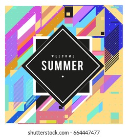 Trendy flat geometric vector banners. Vivid colorful banners in retro poster design style. Vintage colors and shapes Summer holiday theme.