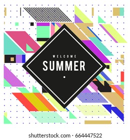 Trendy flat geometric vector banners. Vivid colorful banners in retro poster design style. Vintage colors and shapes Summer holiday theme.