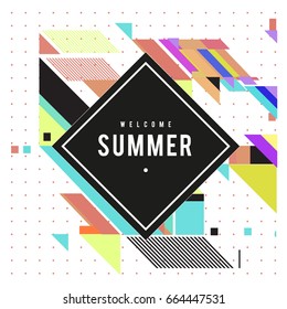 Trendy flat geometric vector banners. Vivid colorful banners in retro poster design style. Vintage colors and shapes Summer holiday theme.