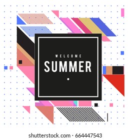 Trendy flat geometric vector banners. Vivid colorful banners in retro poster design style. Vintage colors and shapes Summer holiday theme.