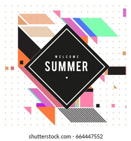 Trendy flat geometric vector banners. Vivid colorful banners in retro poster design style. Vintage colors and shapes Summer holiday theme.