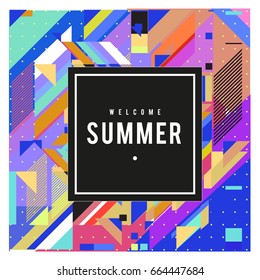 Trendy flat geometric vector banners. Vivid colorful banners in retro poster design style. Vintage colors and shapes Summer holiday theme.