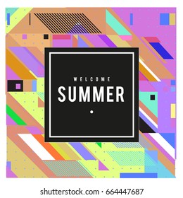 Trendy flat geometric vector banners. Vivid colorful banners in retro poster design style. Vintage colors and shapes Summer holiday theme.