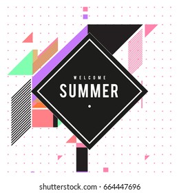 Trendy flat geometric vector banners. Vivid colorful banners in retro poster design style. Vintage colors and shapes Summer holiday theme.