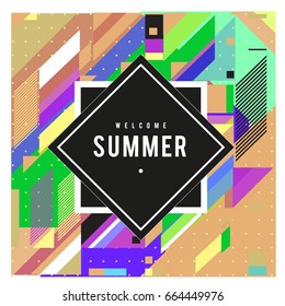 Trendy flat geometric vector banners. Vivid colorful banners in retro poster design style. Vintage colors and shapes Summer holiday theme.