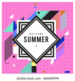 Trendy flat geometric vector banners. Vivid colorful banners in retro poster design style. Vintage colors and shapes Summer holiday theme.